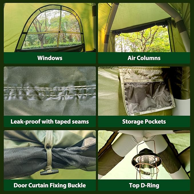 Inflatable Camping Tent with Hand Pump Waterproof Outdoor Blow up Tent 2-8 Person Oxford 4 Season Glamping Air Tent Cabin House with Mesh Windows & Door