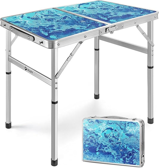 VILLEY Folding Camping Table 2FT, Portable Small Picnic Table with Adjustable Height, Lightweight Aluminum Foldable Table Small Folding Table with Carry Handle for Outdoor Indoor BBQ Hiking Beach