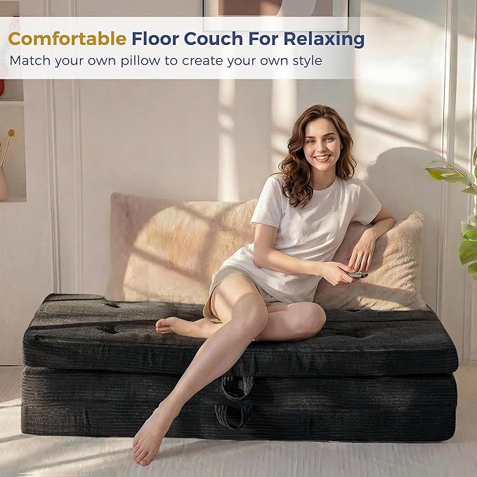MAXYOYO Folding Mattress, 4 Inch Tufted Foldable Mattress Full Foam Bed, Tri-Fold Floor Couch with Handles Guest Bed Topper Portable Camping Mat with Corded Fabric, Full Size, Black