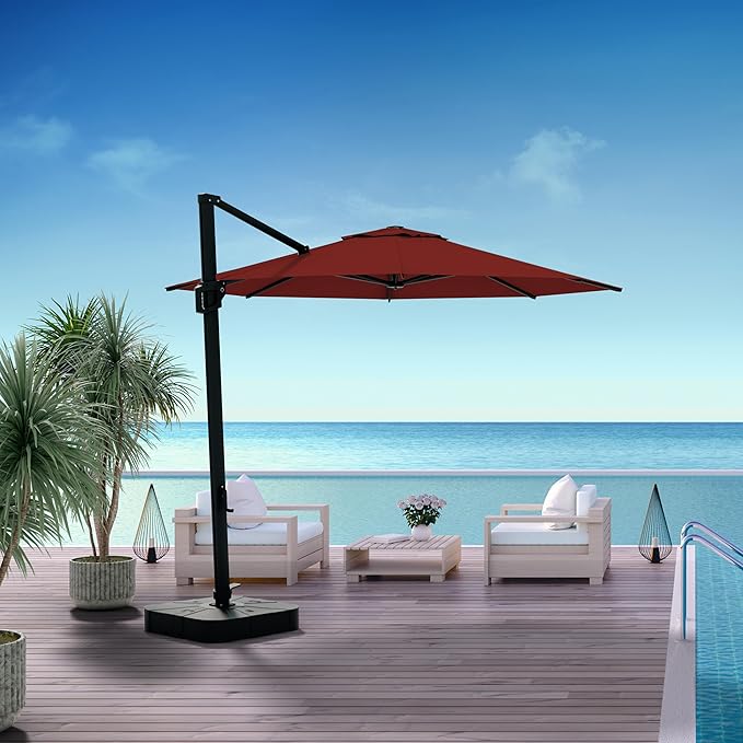 Midtown Umbrellas 10 Ft Outdoor Cantilever Patio Umbrella w/Terylast Cherry Burgundy Fabric - Tilt 360° Offset Patio Umbrella, Deck Patio Umbrella, Backyard Umbrella & Garden Umbrella - Black Frame