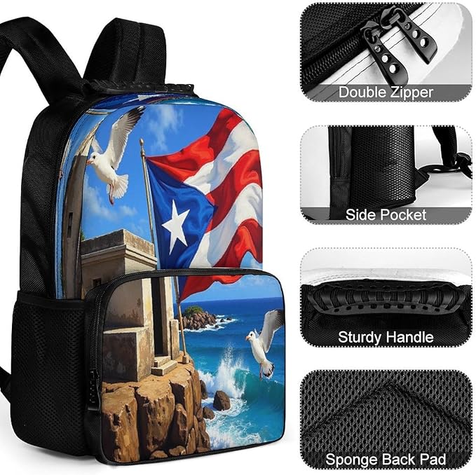Daypack Polyester Anti-Theft Multipurpose Puerto Rico Flag Bookbag Big Capacity Gym Outdoor Hiking Backpack With Adjustable Shoulder Straps