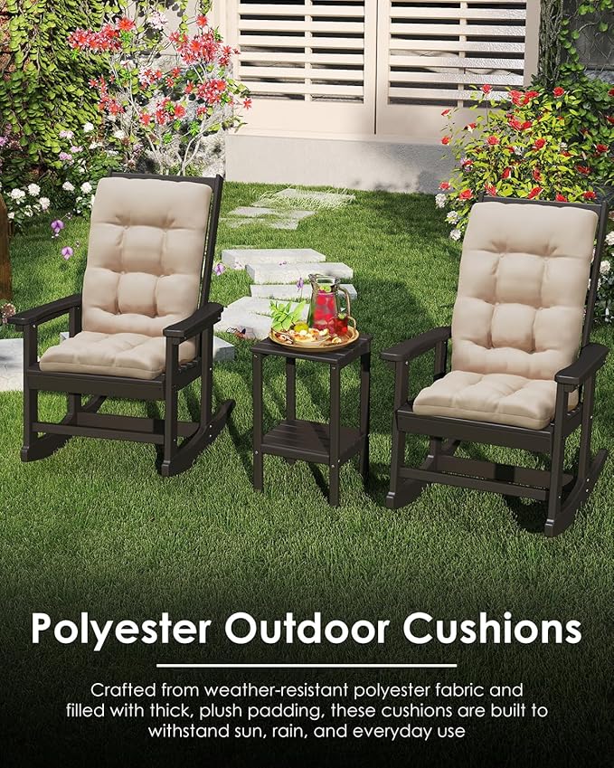 GREENVINES Rocking Chair Cushions Set of 4 | Polyester | Waterproof | Outdoor High Back Rocker Chairs Cushion | Seat with Ties | Non-Slip | Thickened Pad for Patio | 46.5" x 18.5" x 4.3" | Beige