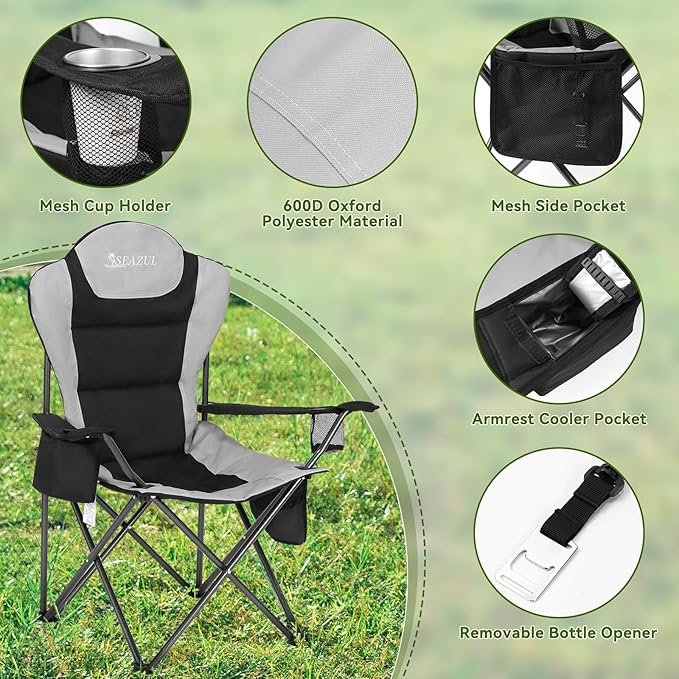 Camping Chairs for Adults, Camp Chair, Folding Chairs for Outside, Support 380 LBS, Portable Travel Lawn Outdoor Camping Chairs with Cup Holder & Cooler Bag, Sports Chairs for Baseball, Soccer