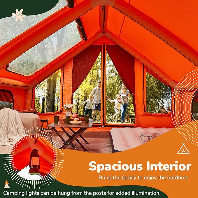 EROMMY 4/6/8/12 Person Inflatable Tent with Skylight, 4 Season Blow Up Tents with Hand Pump for Outdoor Camping & Hiking, Easy Set-up Windproof Sunproof Waterproof