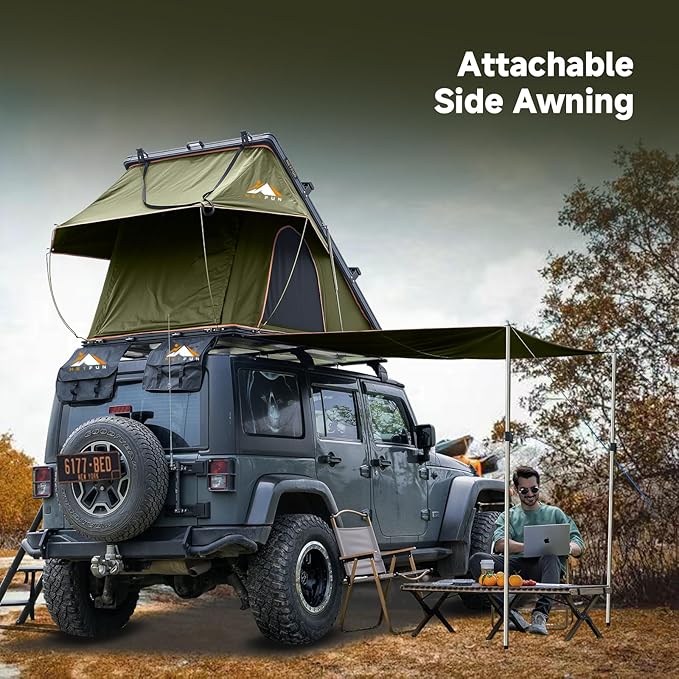 Adventurer Pro Rooftop Tent Hard Shell with USB Outlet, Side Awning, Replaceable Rain Fly&Luggage Racks for 4 Season Camping, Aluminum Pop Up 2-3 Person Roof Top Tent for Truck Jeep SUV Van Trailer