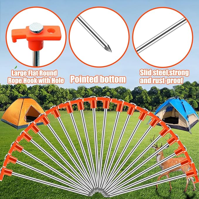 smillixin 23 Pack Tent Stakes Heavy Duty,10 Inch Non-Rust Metal Tent Pegs Camping Stakes,Ground Stakes Tent Spikes for Camping,Garden,Hiking,Grassland,with 1 Pcs Hooked Head & 2 Pcs 10FT Ropes