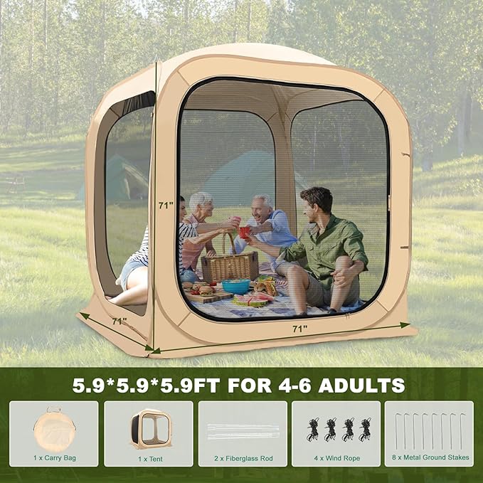 DoCred Screen House Tent Pop-Up, 6 x 6 FT Portable Screen Room Canopy Instant Screen with Carry Bag for Patio, Backyard, Deck & Outdoor Activities, Beige