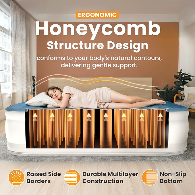 Queen Air Mattress with Built-in Pump, 18" Raised Blow Up Mattress, 800 lbs Max Honeycomb Air Bed, 48Hr Leak-Proof Test, 3min Inflatable Mattress for Home, Guests, Camping, Colchones inflables