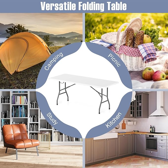 Folding Table, HDPE Portable Table with 6 ft Long Tabletop, Metal Frame Picnic Camping Table with Safe Lock, Collapsible Dining Table for Camping, Picnic, Party (White, 6 FT)