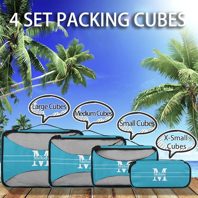 Custom 4 Packing Cubes Set, Lightweight Mesh Travel Luggage Organizers for Travel, Lake Blue Initial Letter 4 Pieces Suitcase Storage Bags