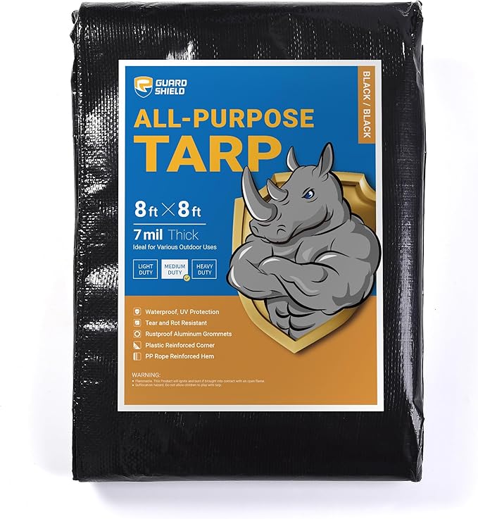GUARD SHIELD Black Tarp Waterproof 8x8 Feet Medium Duty All Purpose Poly Tarps Cover 7mil