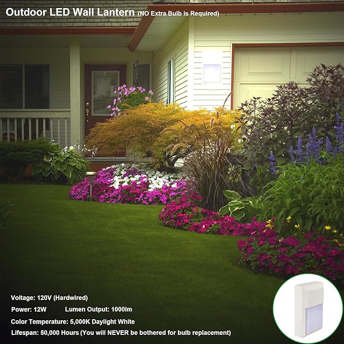 LIT-PaTH Outdoor Sconce Wall Light, LED Wall Lantern 5000K, Porch Lighting Fixture, 12W 1000 Lumens, Aluminum Housing Plus PC, White Finish, 1-Pack