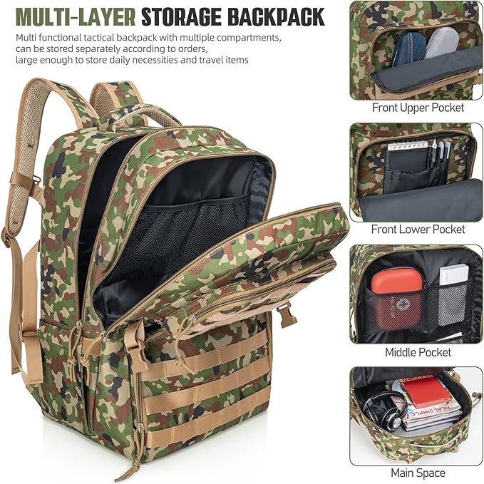 45L Tactical Backpack for Men, Water-resistant Military MOLLE Assault Backpack Bag for Hunting Camping Travel (Khaki Camo)