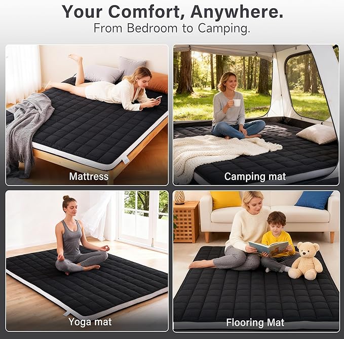 Welnow Japanese Futon Floor Mattress, Full Size Thick Tatami Mat Portable & Foldable Roll Up Floor Bed Mattress with Storage Bag, Sleeping Pad for Adults, Dorm, Guest Bed, Camping and Travel, Black