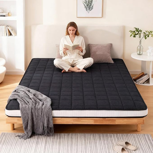 Welnow Japanese Futon Floor Mattress, Queen Size Thick Tatami Mat Portable & Foldable Roll Up Floor Bed Mattress with Storage Bag, Sleeping Pad for Adults, Dorm, Guest Bed, Camping and Travel, Black