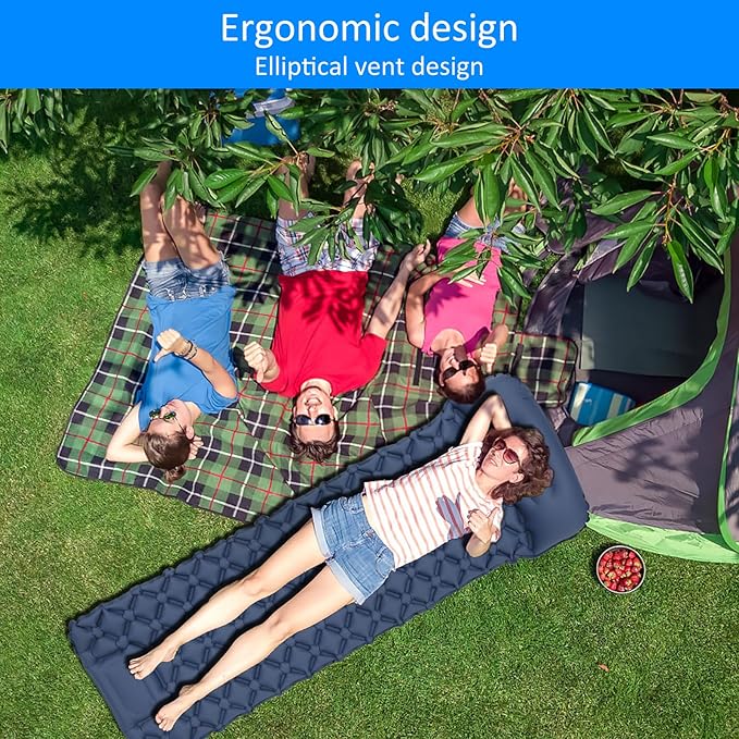 Sleeping Pad for Camping with Pillow - Ultralight(1.3lbs) Inflatable Tent Mattress, 4" Thick Inflatable Bed with Foot Pump Design, Connectable for Double Bed Camping | Hiking Traveling (Navy Blue)
