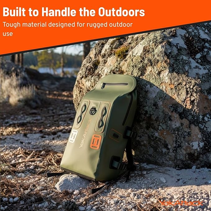 YakAttack 28L DryPak Waterproof Backpack - Green/Orange | Floating Marine Dry Bag Pack with Padded Straps for Kayaking, Fishing & Hiking | 10" x 22" x 12" | Lightweight Outdoor Gear & Storage Drybag
