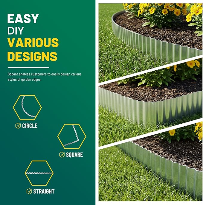 Corrugated Metal Garden Edging, Landscape Edging Border for Garden, Flower Bed, Lawn and Landscape Edging (Silver, 3"×50Ft)