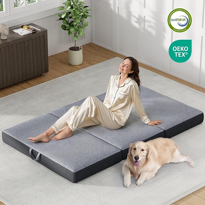 Trifold Mattress Single Size 4 Inch - Foldable Memory Foam Mattress for Camping, Travel, RV, Guest Bed & Yoga - No Slip Bottom, Washable Cover with Handles - Portable Folding Floor Cushion 75"x25"x4"
