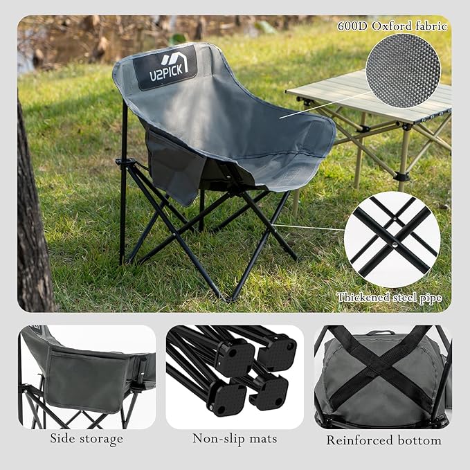 Folding Camping Chairs, Portable Moon Chair Support Up to 330Lbs with Carry Bag, Lightweight Foldable Outdoor Chair with Cup Holder, Gray
