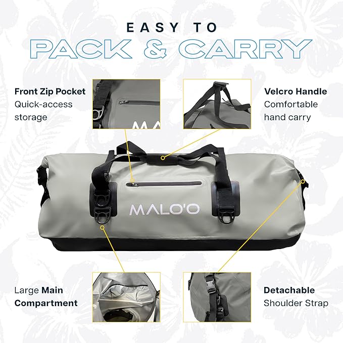 Malo’o Waterproof Dry Duffel, Heavy-Duty Roll Top Waterproof Gear Bag with Shoulder Strap & Molle Loops, Marine Duffel for Kayaking, Boating, Camping, Beach & Travel, Grey, 100L