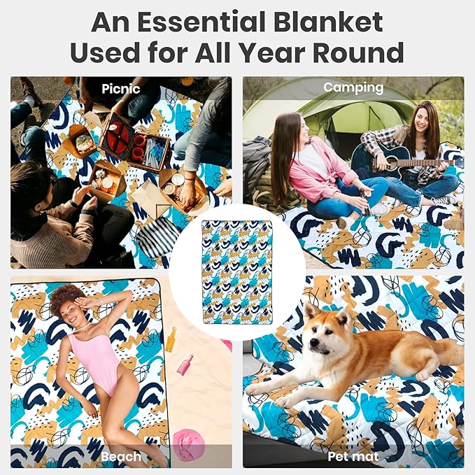 Waterproof Outdoor Blanket, 79" x 55" Large Packable Picnic Blankets, Foldable Picnic Mat for Park, Lawn, Grass, Beach, Concert (Blue Painting)