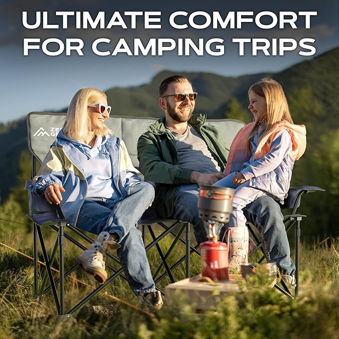 Oversized Fully Padded Double Camping Chair, Portable Folding Loveseat w/Side & Back Pockets, Adjustable Armrests, Double-Sized Cup Holders for Outdoor, Indoor, Supports 530LBS (Dark Navy)
