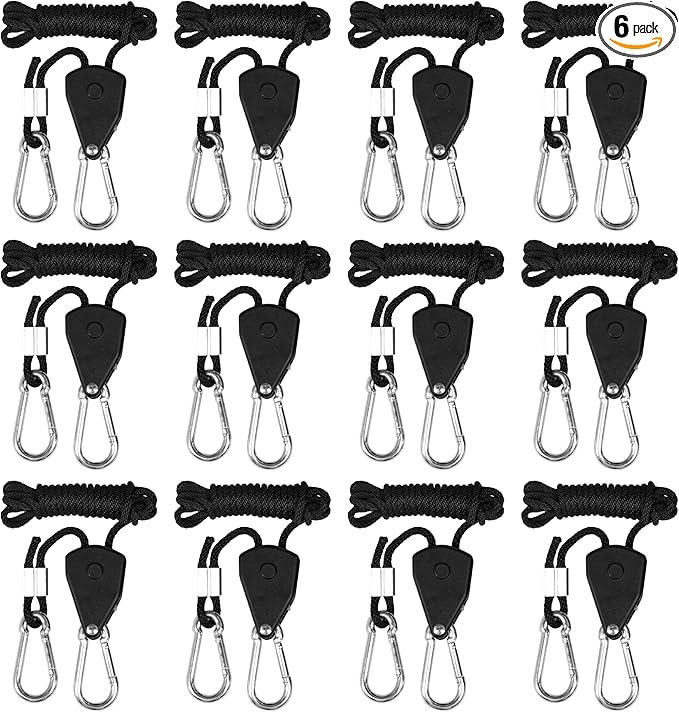 iPower 6-Pair 1/8 Inch Adjustable Rope Hanger, Heavy Duty Grow Light Hangers with Reinforced Metal Gears, 8Ft Long & 150lbs Weight Capacity for Growing Lamp, Inline Fan, Filters