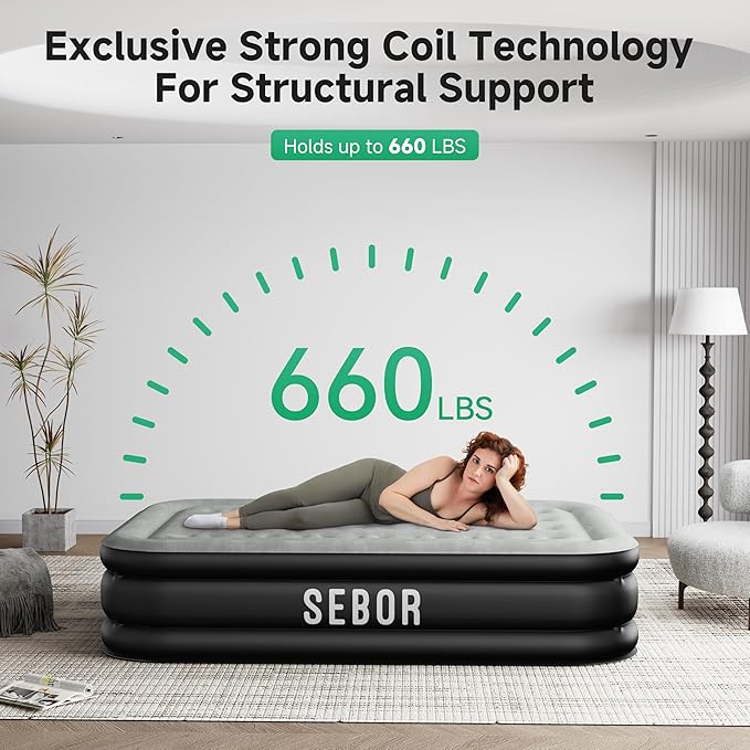 Sebor Air Mattress Full with Built-in Pump 18", Comfortable Self-Inflating Air Mattress with High-Speed Pump, Durable Blow Up Mattress Full with Storage Bag for Guests, Camping, Travel
