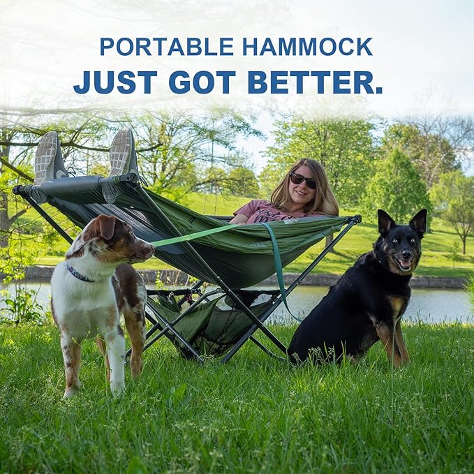 Portable Hammock with Stand, World's Best Mock ONE® Hammock, Compact Folding Framed Hammock with Adjustable Sunshade Canopy for Park, Backyard, Garden, Camping, Hiking, Mountaineering, Beaches- Green