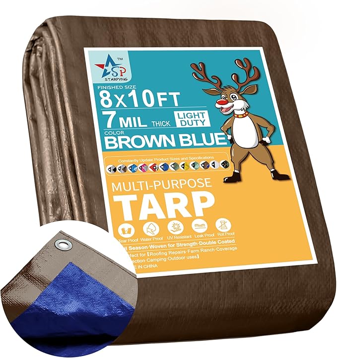 STARPYNG-7 Mil Brown/Blue 8x10 Feet Tarp-Multifunctional Waterproof Tarpaulin-Waterproof, UV Resistant, Rip and Tear Resistant, Poly Tarpaulin with Reinforced Edges for Cover