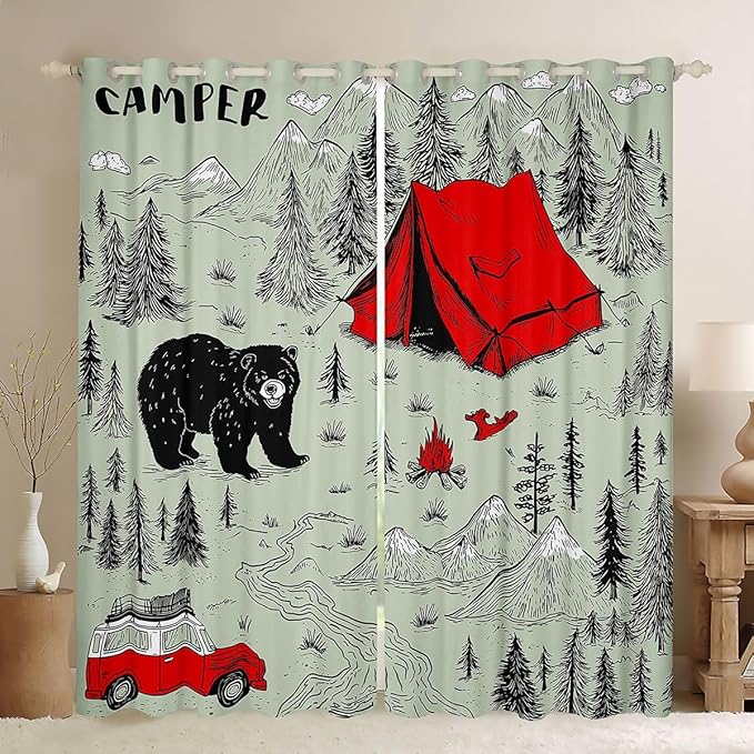 Feelyou Green Camper Camping Curtains for Bedroom Living Room Rustic Farmhouse Bear Blackout Darkening Drapes Happy Camping Window Treatments, 2 Panels 52 x 84 Inch Room Decor