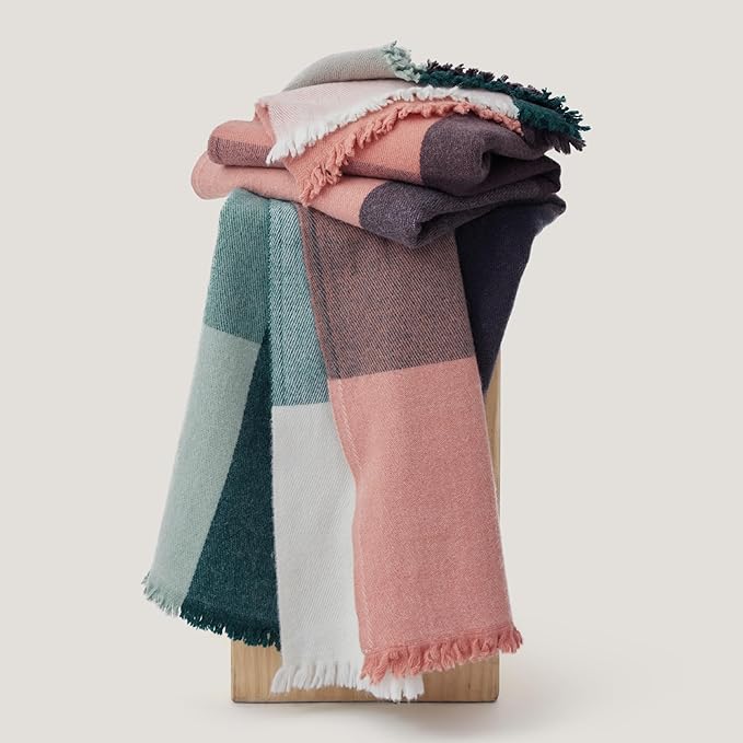 Double Stitch Alpaca Wool Throw Blanket - Warm, Soft Blanket for Couch, Luxury & Decorative Fleece Throw, Fall Plaid, Gift for Mother's Day, House Warming, 50" x 60", Sunset Glow