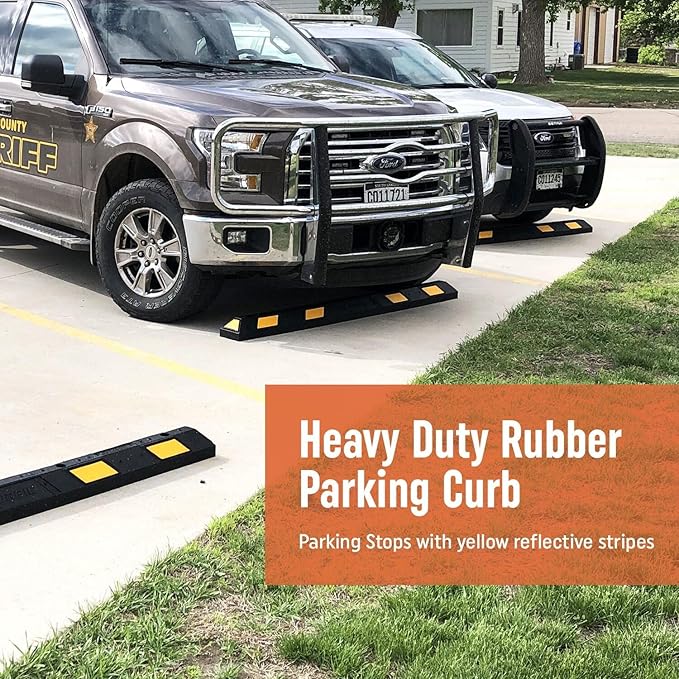 SmartSign Rubber Parking Curb, (Pack of 10) Heavy Duty Parking Stops with Yellow Reflective Stripe Chevrons, 72" Long (6ft), Wheel Stops for Parking Lots/Garage/Cars/Trucks, Pre-Drilled Holes