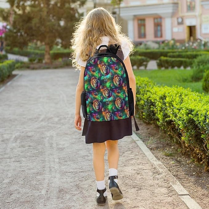 Backpack Polyester Anti-Theft Multipurpose Green Galaxy Lion Bookbag Large Capacity Laptop Book Bag Rucksack With Side Pockets