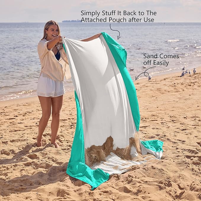 WEKAPO Beach Blanket Sandproof Waterproof, Extra Large Beach Mat, Oversized & Compact Sand Free Mat Quick Drying, Lightweight & Durable with Stakes & Corner Pockets