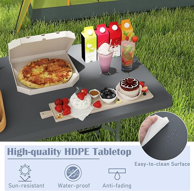 Tangkula 6 FT Folding Table, Indoor Outdoor Foldable Plastic Table with HDPE Tabletop, Sturdy Metal Fame, Carrying Handle, Heavy Duty Portable Fold-in-Half Picnic Table for Camping BBQ Party
