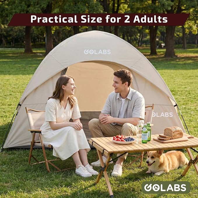 Golabs CT1 2 Person Camping Tent, Easy Set Up in 3 Mins, PU1500mm Waterproof w/Mesh Top & Door with Ventilation, Lightweight 4.4lbs Portable Family Tent with Carry Bag &Interior Storage Pockets &Hook