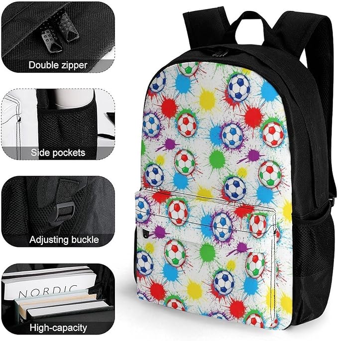 Polyester Daypack Backpack for Sports Travel Running, Big Capacity Anti-Theft Multipurpose Carry On Bag, Splash Ink Colorful Paint Football Soccer Ball Laptop Book Bag Rucksack