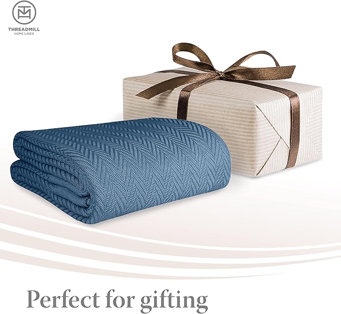 Threadmill Luxury Cotton Blankets for Twin Size Bed | All-Season 100% Cotton Twin Blanket for Bed | Herringbone Soft & Cozy Fall Thermal Blanket, 350GSM, 68x92 inches | Folkstone Blue