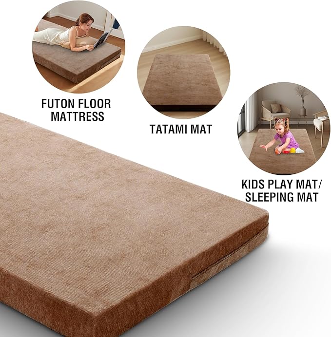 H.VERSAILTEX Twin Size Armless Futon Mattress Covers for Traditional Japanese Futon Mattress Soft Mixed-Color Chenille Couch Slipcovers Floor Mats Sofa Protector Zippered Sleeper Sofa Cover,Caramel