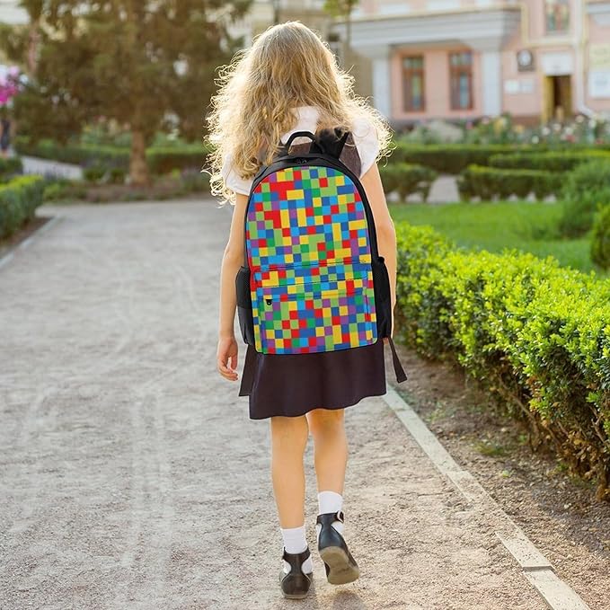 Daypack Backpack Anti-Theft Multipurpose Big Capacity Bookbag, Colorful Rainbow Blocks Business Computer Bag With Side Pockets