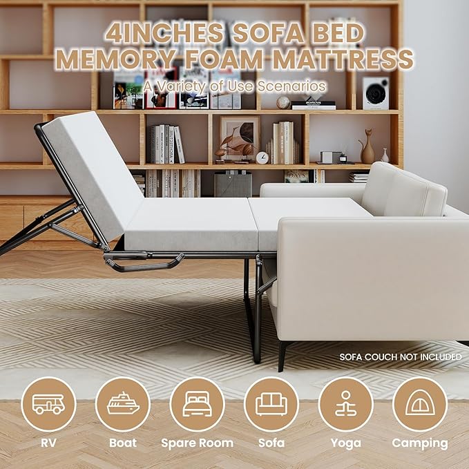 Begonia.K 4 Inch Foldable Memory Foam Sofa Bed Mattress Replacement, Queen Size Pull Out Couch for Sleeper Couch Beds Guest, RV Travel, Camping, 72" L x 59" W x 4" H, Sofa Not Included