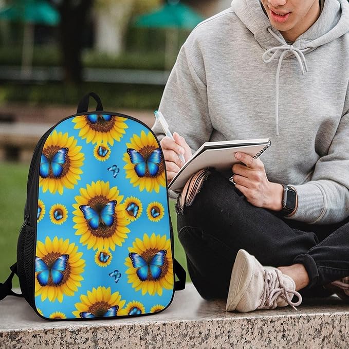 Sports Gym Outdoor Backpack Blue Monarch Butterfly Sunflower College Bookbag with Large Capacity Rucksack for Men Women
