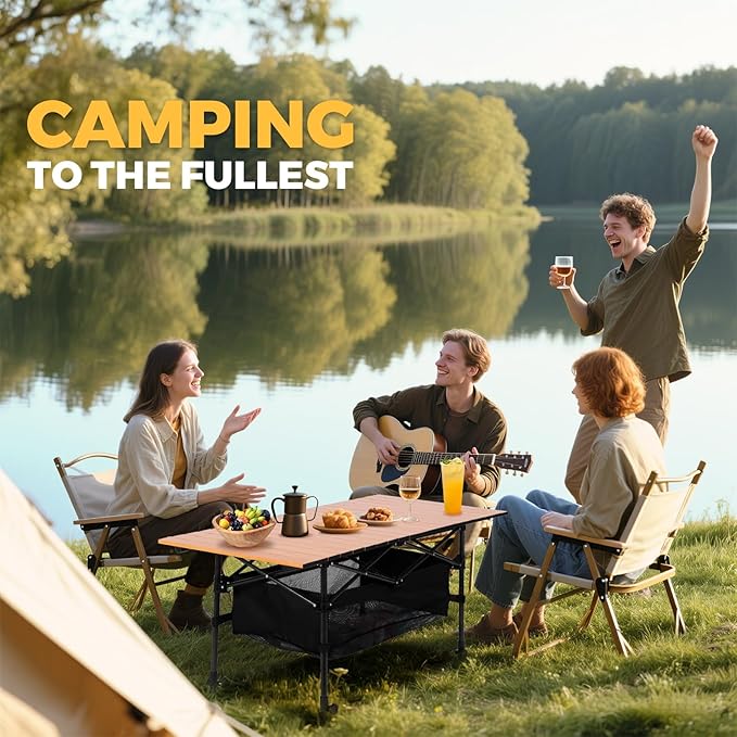 Portable Folding Camping Table, 4-6 Person Aluminum Outdoor Picnic Table with Storage Carry Bag, Adjustable Height Lightweight Camp Table for Beach, Picnic, BBQ and Indoor Use