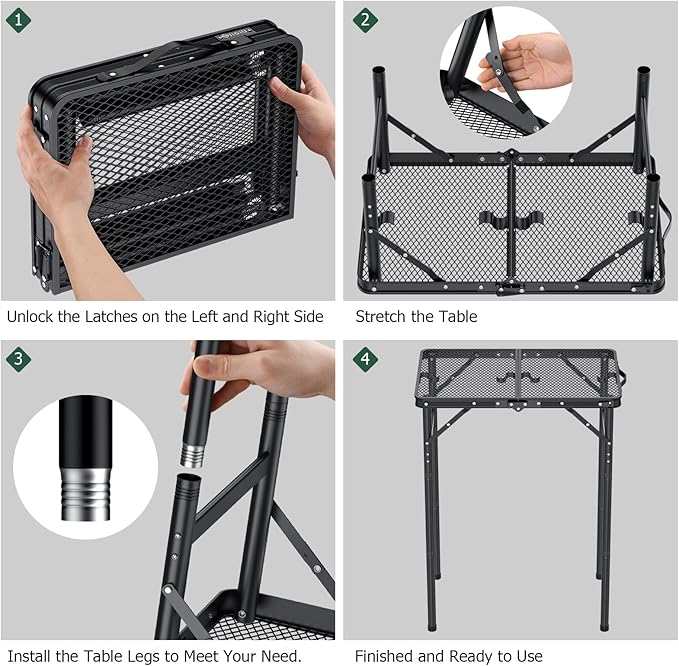 Folding Grill Table with Mesh Desktop Lightweight & Portable Camping Table Outdoor Grill Tables Aluminum Alloy Foldable Grill Table 3 Height Adjustable for Camping Picnic Cooking BBQ