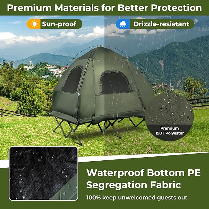KOTEK 5-in-1 Tent Cot with Air Mattress, Sleeping Bag, Pillow, Canopy, Zippered Mesh Windows & Carry Bag, Elevated Tent for Camping, Hiking, Traveling, Picnic