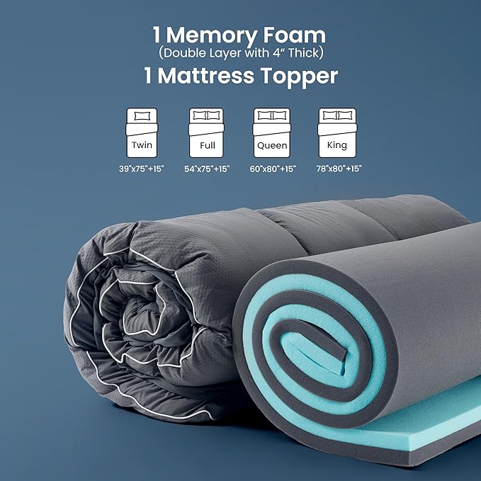 SLEEP ZONE Dual Layer 4 Inch Memory Foam Mattress Topper, 2 inch Cooling Gel Memory Foam Plus 2 inch Waterproof Removable Pillowtop Mattress Pad Cover for Back Pain, Comfort Support (Twin)