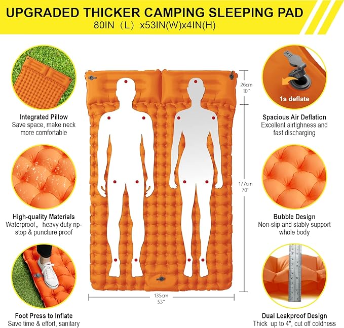 Double Sleeping Pad for Camping Inflatable 2 Person Sleeping Mat with Built-in Pump, Foot Press Ultralight Extra Thick Camping Mat with Pillow for Backpacking, Traveling, Hiking, Durable & Waterproof…