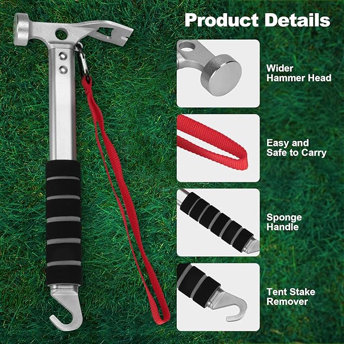 Aluminum Camping Hammer, 3-In-1 Functional Tent Stake Hammer with Puller, Lightweight Tent Mallet for Camping, Hiking & Backpacking, Gray